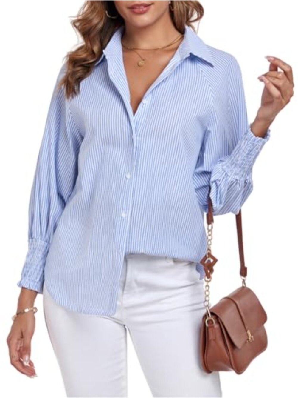 Oversized Striped Puff Sleeve Button Down Shirt for Women - Long Sleeve Loose